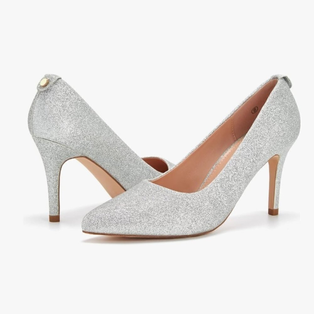 Pointed Toe High Heels Stiletto Slip On Comfort Silver Pump Shoe, Size 8